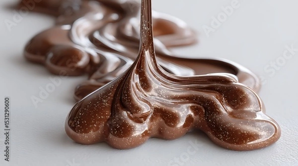 Obraz Close-up of silky melted chocolate, glistening with a glossy sheen as it slowly pools on a pristine white surface, inviting indulgence.