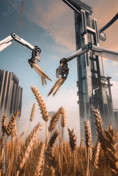 Fototapeta Agriculture meets advanced robotics; robots harvest wheat in the fields.