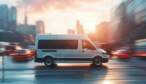 Fototapeta Small Passenger Van Rushes Through City Street Traffic, Capturing Urban Cityscape And Sunny Skies. Charter Or Shuttle Bus Speeds Along Road With Motion Blur Effect.