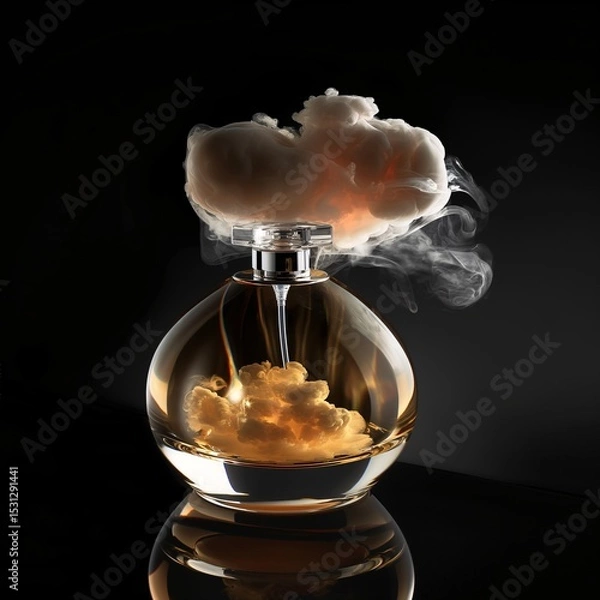 Fototapeta Elegant bottle with a cloudy essence against a dark reflective background