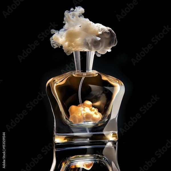 Fototapeta Perfume in a clear bottle with vaporized fragrance on a black backdrop