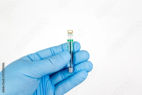 Obraz Gloved Hand Holding Medical Vaccine Vial on White Background, Dental Anesthesia Syringe.Close-up of a blue-gloved hand holding a small glass vaccine vial with a green label