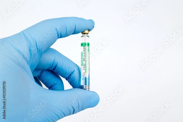 Obraz Gloved Hand Holding Medical Vaccine Vial on White Background, Dental Anesthesia Syringe.Close-up of a blue-gloved hand holding a small glass vaccine vial with a green label