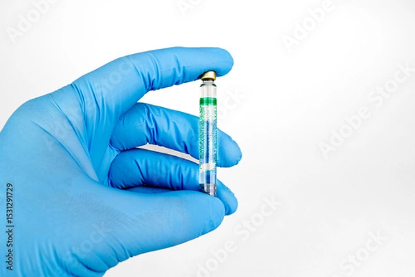 Obraz Gloved Hand Holding Medical Vaccine Vial on White Background, Dental Anesthesia Syringe.Close-up of a blue-gloved hand holding a small glass vaccine vial with a green label