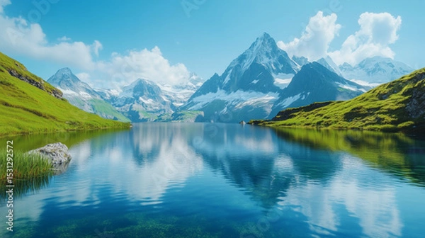 Obraz Pristine alpine lake reflects the snow-capped mountains and vibrant green hills under a clear blue sky.
