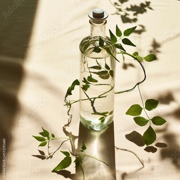Fototapeta Still life: Bottle with clear liquid and leafy plant on linen surface