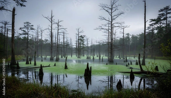 Fototapeta Fog shrouded swamp with skeletal trees and stagnant green waters, creating a mysterious and melancholic landscape