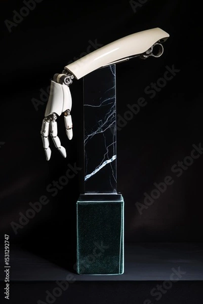 Fototapeta Robotic Hand on Marble Pedestal: Technology meets artful design.
