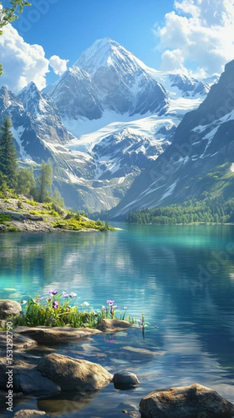Obraz Spring in alpine mountains and crystal clear lake