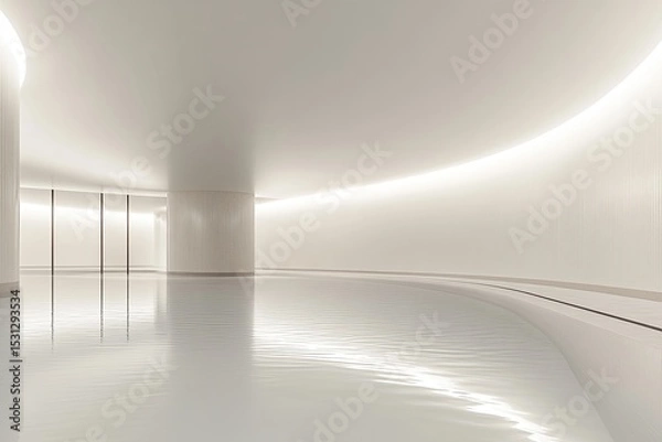 Fototapeta Smooth, minimalist interior space with a curved pool.  Soft, light beige and white tones.  Curved walls and ceiling create a flowing, elegant design