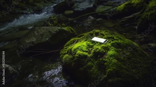 Fototapeta Smartphone resting on mossy rock beside a stream in a lush forest.