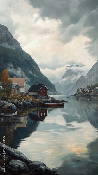 Obraz Serene Scandinavian fjord with cozy wooden houses, water reflecting the misty mountains and small boats resting by the shore under a cloudy sky.