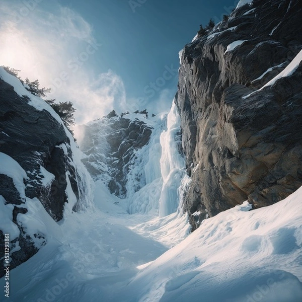 Fototapeta Snowy Canyon with Icy Waterfall and Stone Cliffs on a Winter Day.
