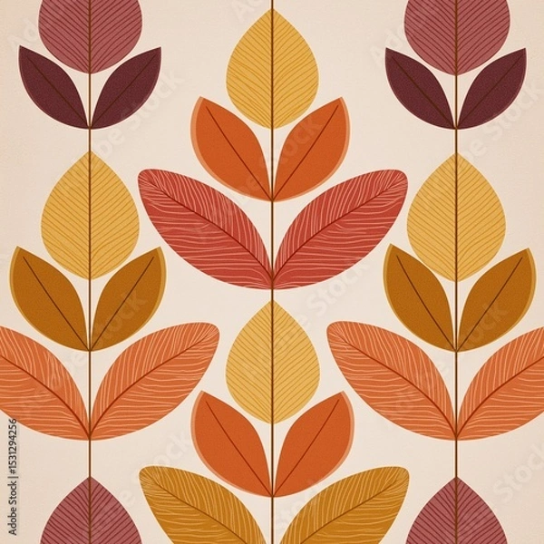 Fototapeta Retro Floral Pattern with stylized leaves in autumn colors.