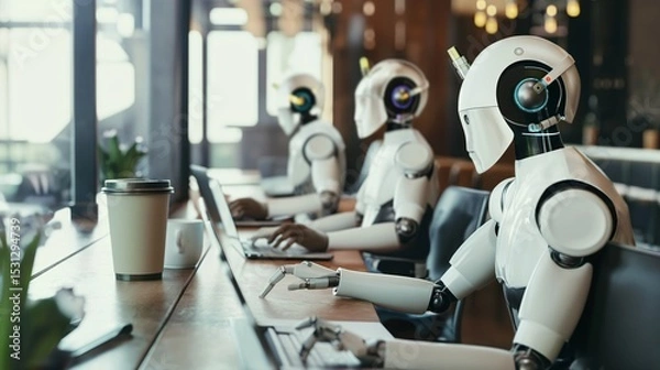 Fototapeta Robots working together at a long table in a well lit open space.