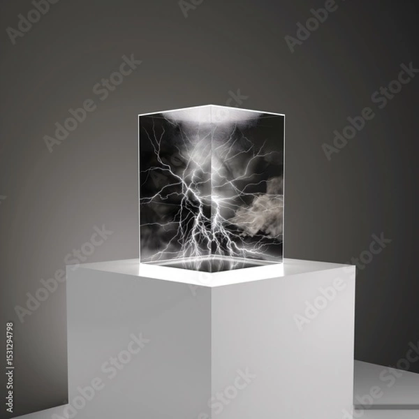 Fototapeta Lightning storm trapped inside a clear cube sits on a white pedestal.