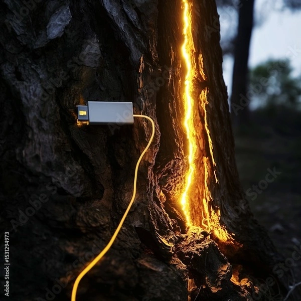 Fototapeta Electrical cable powers bright energy on an old, textured tree trunk.