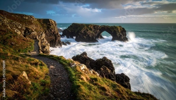 Fototapeta Dramatic Coastal Path with Rugged Rock Arches and Powerful Waves