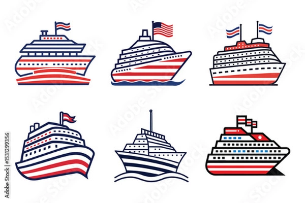 Obraz Set of american flag color cruise ship, ship vector illustration on white background.