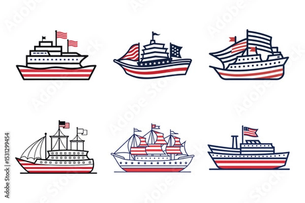 Obraz  Set of american flag color ship, cruise ship, lighter ship vector illustration on white background.