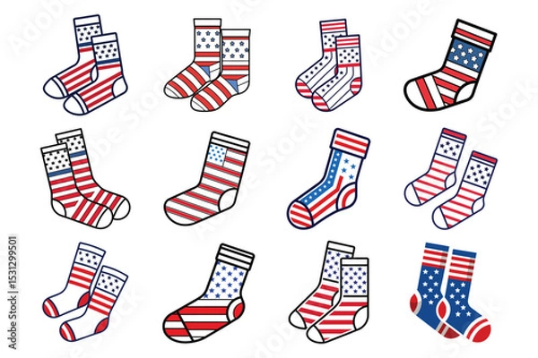 Obraz Set of american flag color socks, winter socks vector illustration on white background.