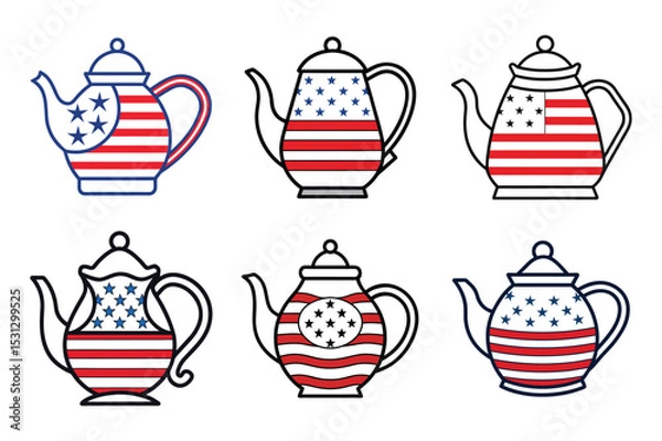 Obraz Set of american flag color teapot, kettle vector illustration on white background.