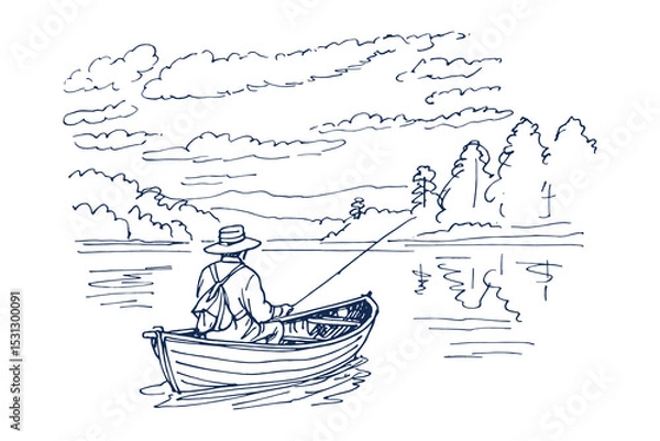 Fototapeta Fisherman in boat on river sketch vector illustration