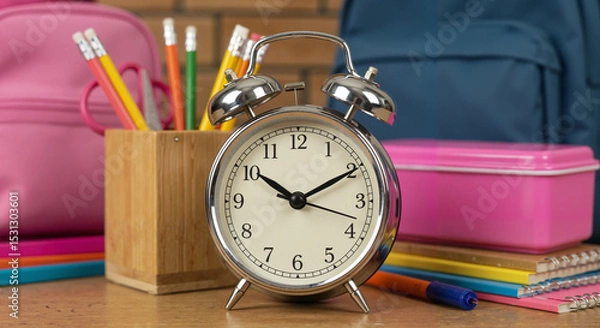 Fototapeta Classic alarm clock with school supplies on desk in classroom setting  