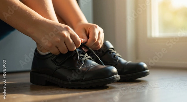 Fototapeta Man tying shoelaces on black shoes in bright indoor setting  