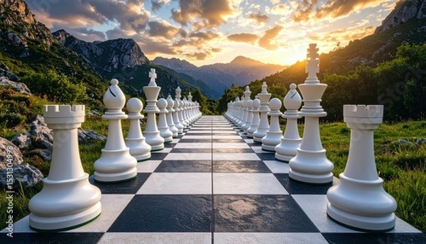 Fototapeta Whimsical Pathway of Giant Chess Pieces in Surreal Landscape at Sunset