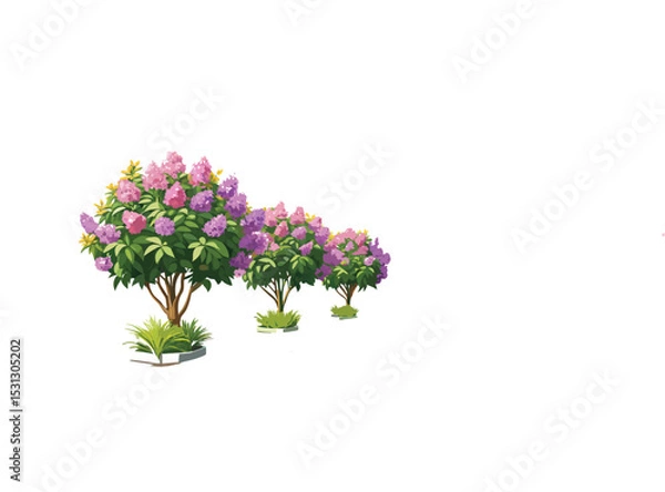 Obraz "Pink Oleander Flower Bushes – Hand-Drawn Botanical Illustration Isolated on" Blooming Rhododendron Trees in Spring Garden Illustration"
 White Background"