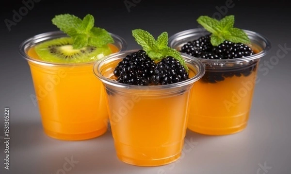 Fototapeta Delicious Orange Dessert Cups with Berries and Kiwi