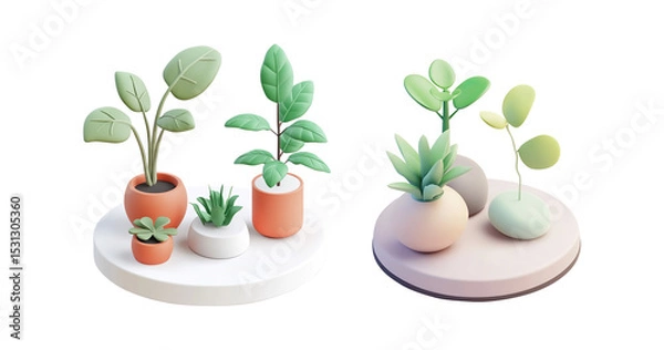Obraz 3D Stylized Potted Plants on White Platform on a Transparent Background