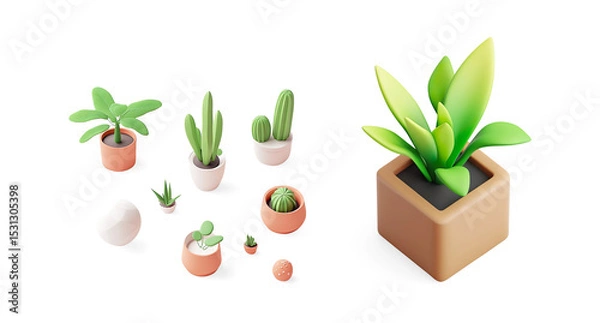 Obraz 3D Stylized Potted Plants on White Platform on a Transparent Background