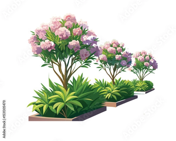 Obraz "Pink Oleander Flower Bushes – Hand-Drawn Botanical Illustration Isolated on" Blooming Rhododendron Trees in Spring Garden Illustration"
 White Background"