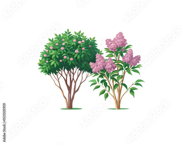 Obraz "Pink Oleander Flower Bushes – Hand-Drawn Botanical Illustration Isolated on" Blooming Rhododendron Trees in Spring Garden Illustration"
 White Background"