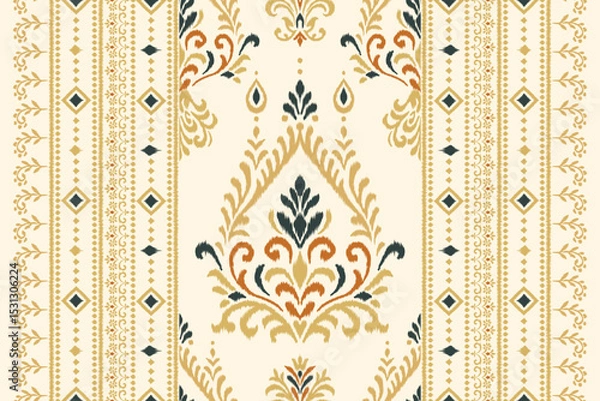 Obraz Seamless vertical ikat pattern with ornamental floral and geometric shapes in beige, olive, and rust tones, ethnic textile design perfect for fabric, wallpaper, boho decor, and digital print use.
