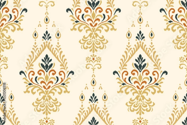 Obraz Seamless vertical ikat pattern with ornamental floral and geometric shapes in beige, olive, and rust tones, ethnic textile design perfect for fabric, wallpaper, boho decor, and digital print use.