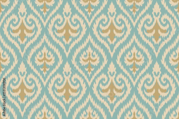 Obraz Ikat pattern in mint green and beige with traditional ethnic motifs, seamless ornamental textile design perfect for home decor, fabric print, wallpaper, digital backgrounds, and crafts.