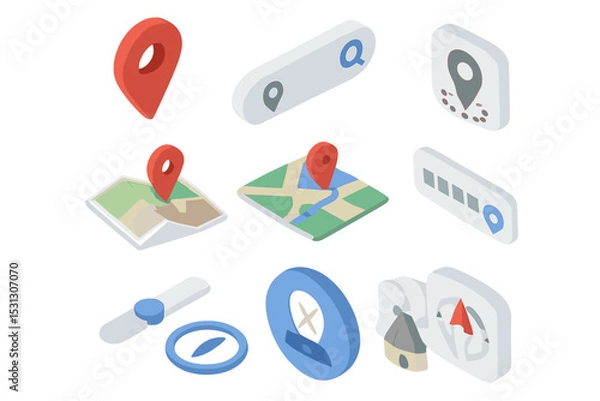 Fototapeta 3d map icons collection with location pins and navigation symbols