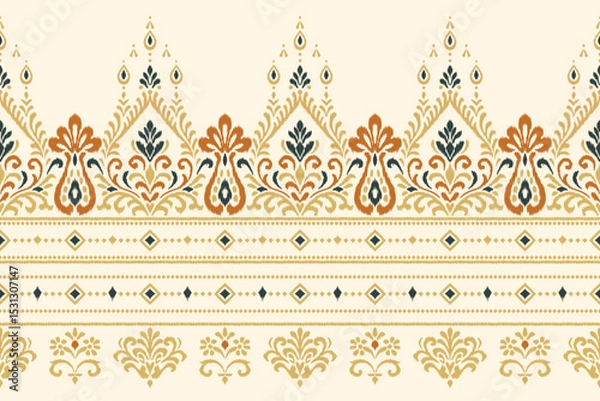 Obraz Seamless vertical ikat pattern with ornamental floral and geometric shapes in beige, olive, and rust tones, ethnic textile design perfect for fabric, wallpaper, boho decor, and digital print use.