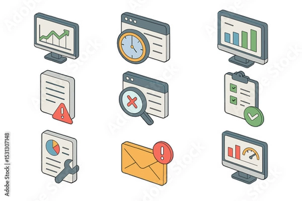 Fototapeta Colorful isometric business icons featuring analytics and tools