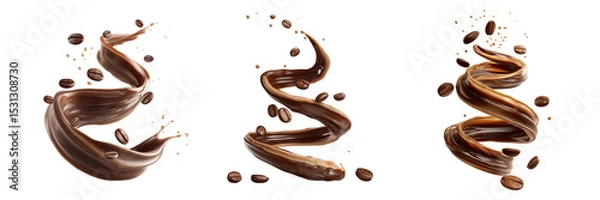 Fototapeta A dynamic swirl of coffee and flying coffee beans on transparent background