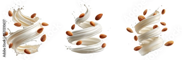 Fototapeta Collection of spiral splash of creamy almond milk with flying almonds on a transparent background