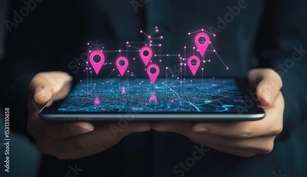 Fototapeta Hands hold tablet displaying digital map with location markers