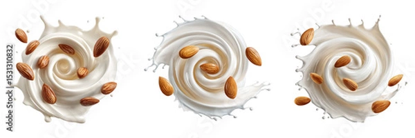 Fototapeta Circular milk splash with whole almonds floating around on a transparent background