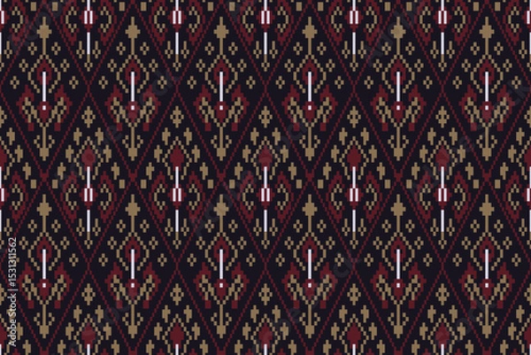 Obraz Pixel art ikat pattern with traditional geometric diamond design in earthy burgundy and olive tones, seamless ethnic textile background ideal for digital prints, crafts, and cultural decor themes.