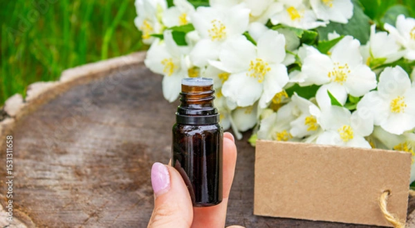Fototapeta Jasmine essential oil in a glass bottle and jasmine flowers. Oils.