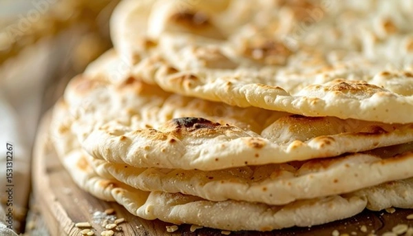 Fototapeta Close-Up of Soft Einkorn Flatbread on Wooden Surface Macro Shot