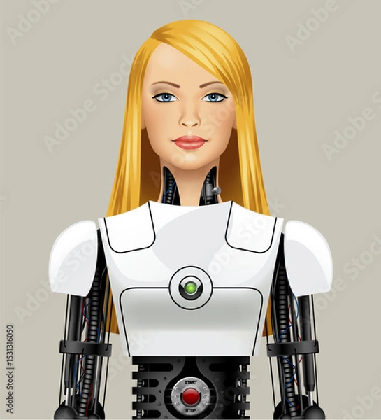 Fototapeta Frontally standing beautiful blonde bio robot girl waist-up with long flowing hair in a white plastic spacesuit and many metal mechanisms. Vector realistic illustration in 3d style. NOT AI generated